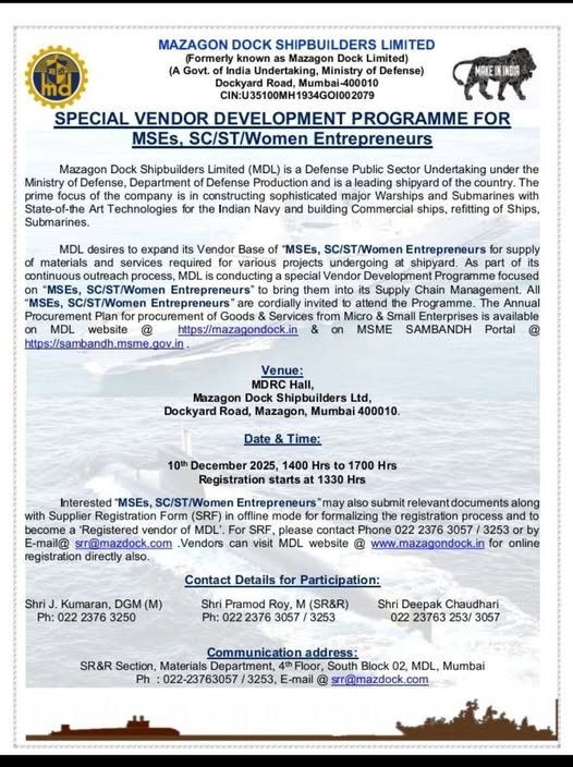 Mazagon Dock Shipbuilders - Special Vendor Development Programme for MSEs, SCST & Women Entrepreneurs