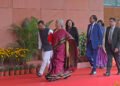 The Union Minister for Finance and Corporate Affairs, Smt. Nirmala Sitharaman departs from Kartavya Bhawan to Rashtrapati Bhavan along with the Minister of State for Finance, Shri Pankaj Chaudhary as well as her Budget Teamsenior officials of the Ministry of Finance before presentation of the Union Budget-2026 at Parliament House, in New Delhi on February 01, 2026.