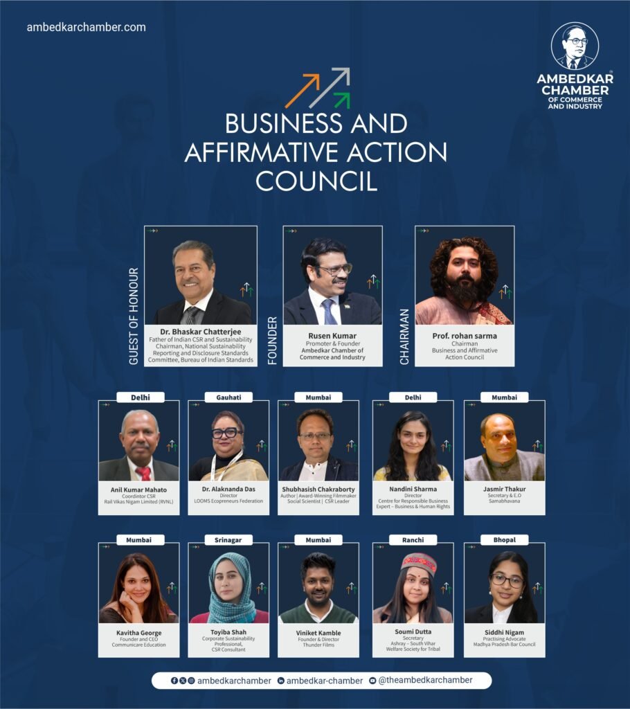 Rusen Kumar, Promoter and National President of the Ambedkar Chamber of Commerce and Industry™, delivered a compelling keynote address, articulating a bold vision and mission to drive inclusive economic transformation and empower marginalized communities through entrepreneurship and affirmative action.