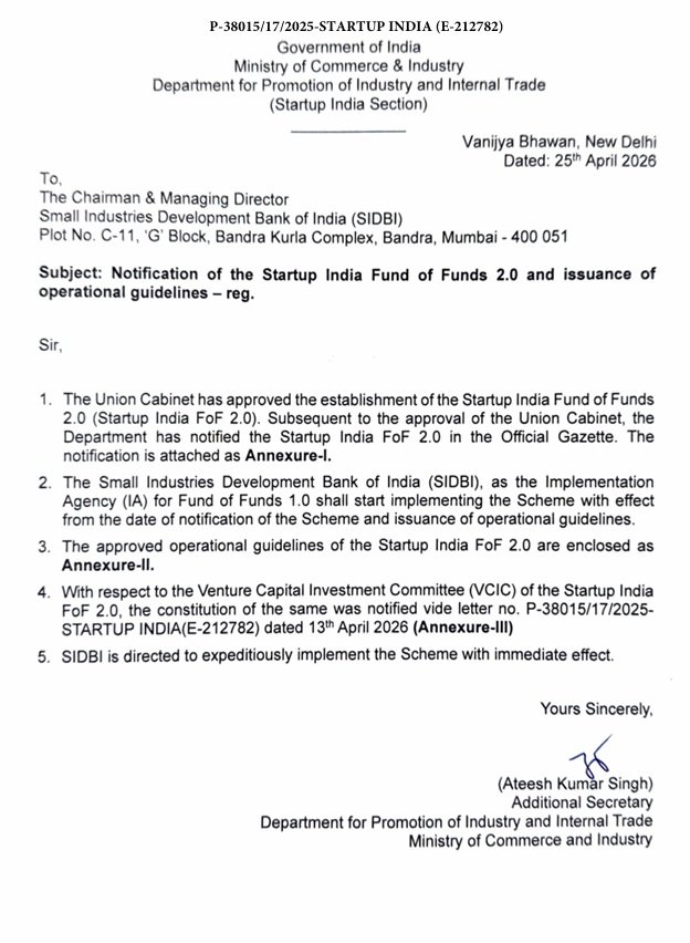 DPIIT issues FoF 2.0 guidelines to deploy ₹10,000 crore through AIFs for India’s startup ecosystem.